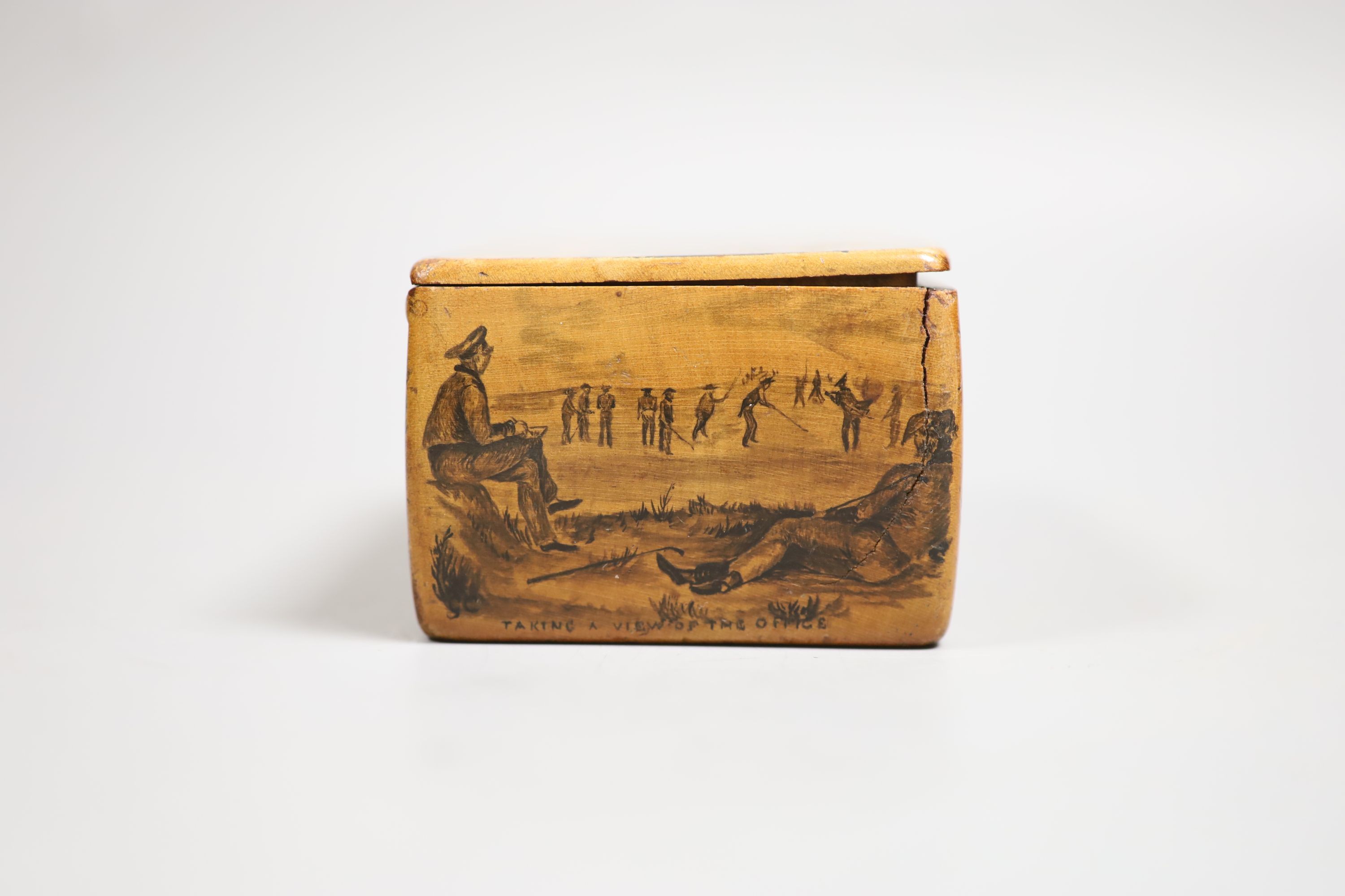 Early golfing interest - a rare Mauchline-ware sycamore penwork golfing snuff box, second quarter 19th century, by Charles Stiven of Laurencekirk 12.2cm